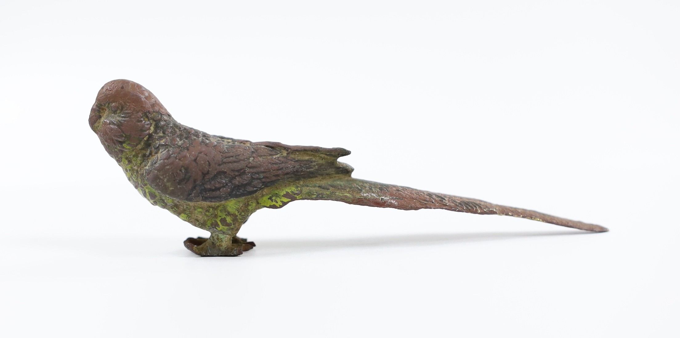 A cold painted bronze parrot, 12cm long
